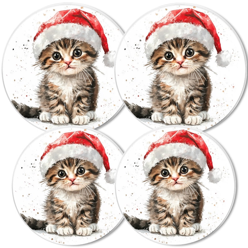 Christmas Burner Covers for Electric Stove, Christmas Cute Cat in Santa Hat Round Xmas Decorative Metal Stove Burner Cover Kits Set of 4 for Kitchen, 8 Inches and 10 Inches