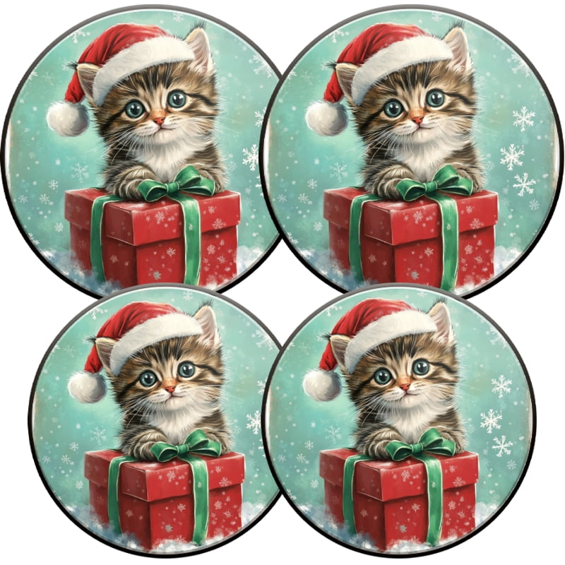 Christmas Burner Covers for Electric Stove, Christmas Cute Cat Xmas Present Metal Round Durable Round Gas Stove Burner Covers Set of 4, 8 Inches and 10 Inches