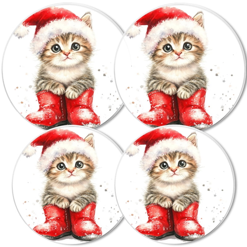 Christmas Burner Covers for Electric Stove, Christmas Cute kitten in Red Santa Boots Round Metal Durable Burner Covers Set of 4 Xmas Decor for Kitchen Cooktop, 8 Inches and 10 Inches