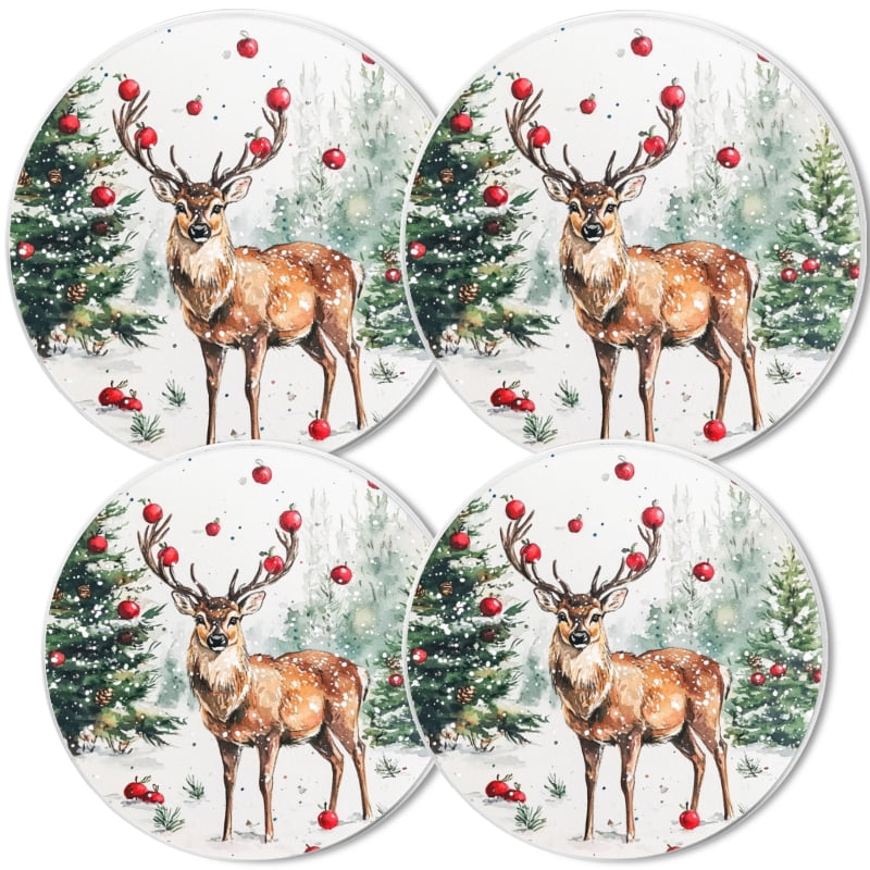 Christmas Burner Covers for Electric Stove, Christmas Deer Snowy Winter Round Xmas Holiday Decorative Metal Stove Burner Cover Kits Set of 4 for Kitchen, 8 Inches and 10 Inches
