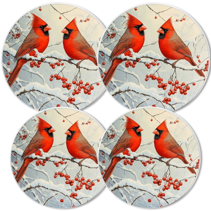 Christmas Burner Covers for Electric Stove, Red Cardinals Xmas Winter Birds Round Metal Stove Burner Covers Expands Counter Space Set of 4, 8 Inches and 10 Inches
