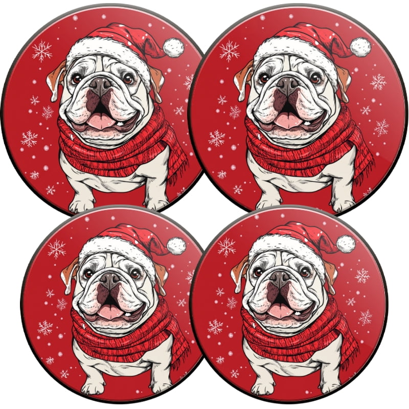 Christmas Burner Covers for Electric Stove, Red Christmas Cute Bulldog in Santa hat and Scarf Metal Round Durable Round Gas Stove Burner Covers Set of 4, 8 Inches and 10 Inches