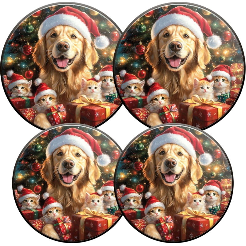 Christmas Burner Covers for Electric Stove, Red Christmas Cute Cats and Puppy Xmas Presents Round Metal Stove Burner Covers Expands Counter Space Set of 4, 8 Inches and 10 Inches