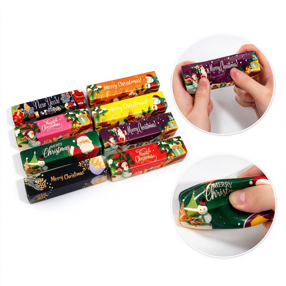 Christmas Butter Stick Squishy, Soft TPRA Slow Rising Stress Ball with Holiday Print Design, Squeeze Fidget for Desk Decor and Kids Party Favors
