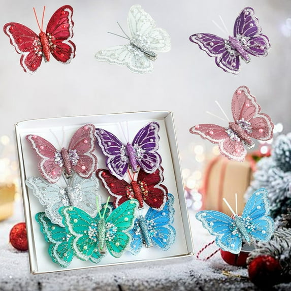 Christmas Butterflies Decorations for Tree Wreath DIY Crafts Glitter Clip On Ornaments Set of 6 Multicolor Butterfly Decor for Holiday Wedding Party Home