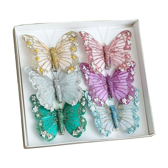 Christmas Butterfly Clip Ornaments – 6pcs Glitter Multicolor Decorative Butterflies for Tree, Wreath, DIY Holiday Crafts, Wedding, Party, Home Decor