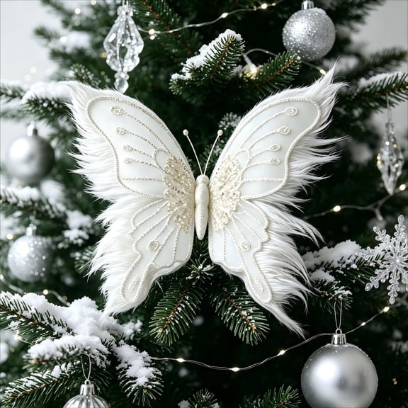 Christmas Butterfly Ornament with Clip 7.9" White Glitter Faux Fur Tree Decoration