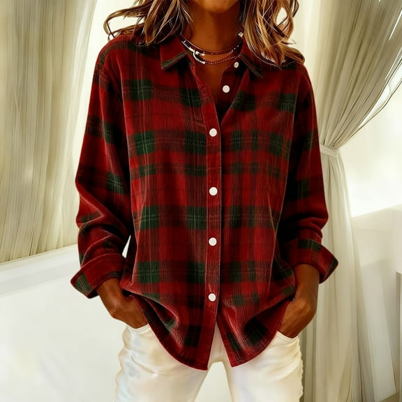 Christmas Button Shirt Women Long Sleeve Vintage Plaid Corduroy Shirts Lapel Collar Casual Work Blouse Tops L