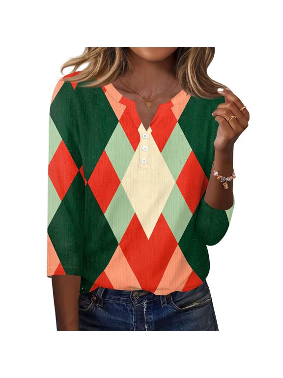 Christmas Button Shirt Womens 3/4 Sleeve V-Neck Tees Christmas Graphic Y2k Csaual Casual Daily Photo Shoot T-Shirt Wine S