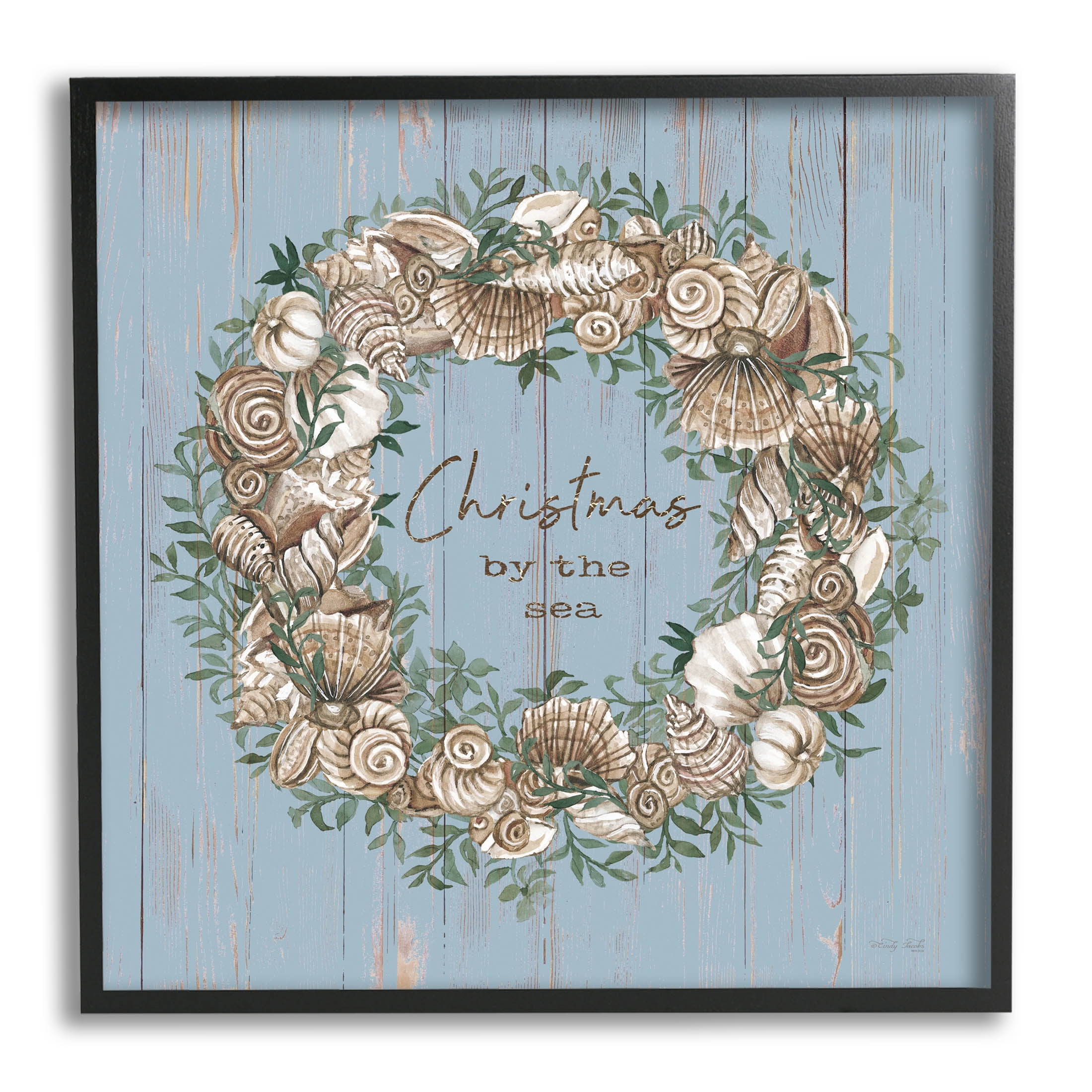 Christmas By The Sea Shell Wreath Holiday Graphic Art Black Framed Art Print Wall Art