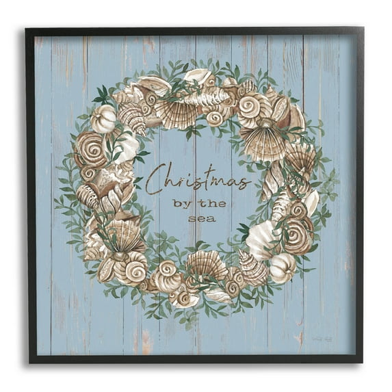 Christmas By The Sea Shell Wreath Holiday Graphic Art Black Framed Art Print Wall Art
