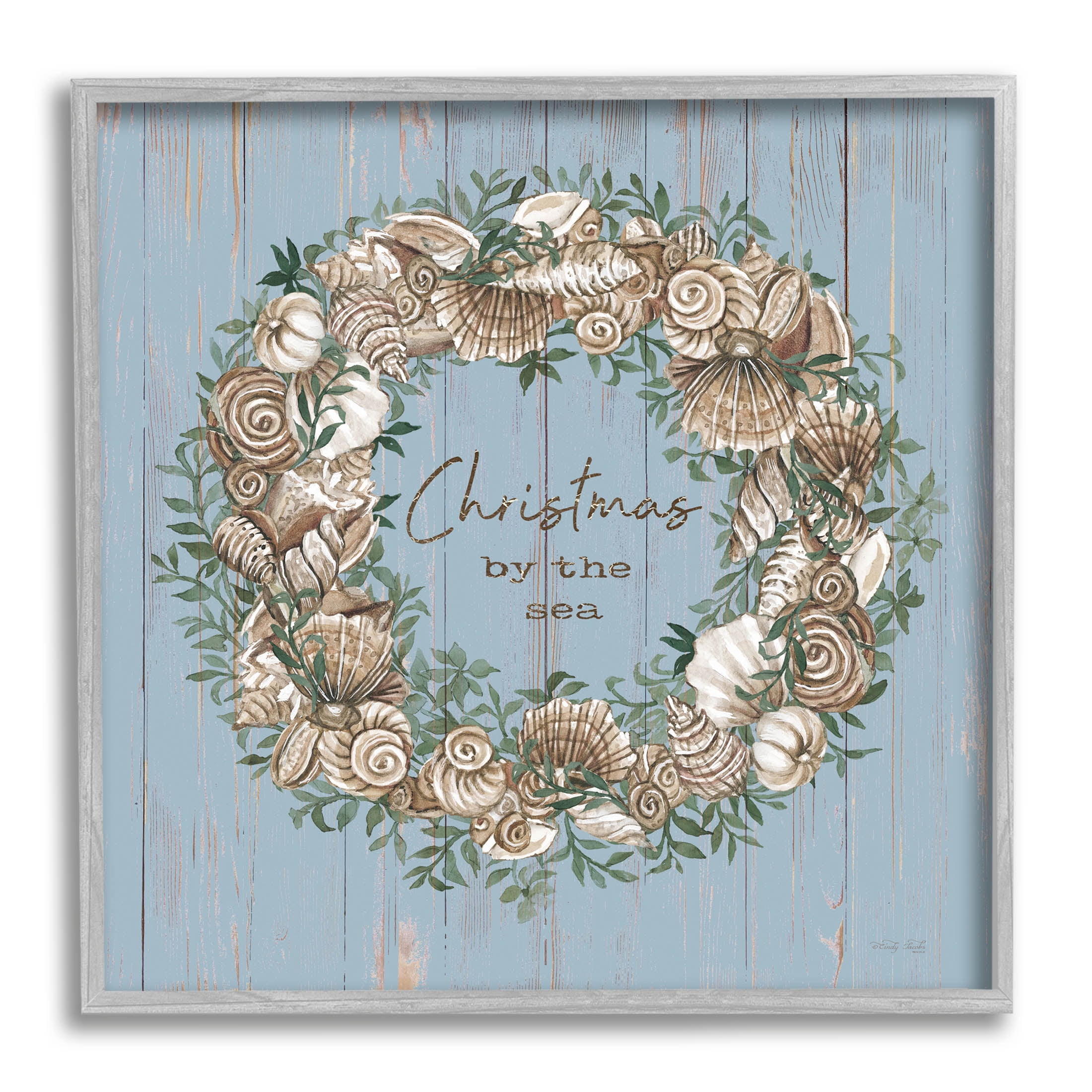 Christmas By The Sea Shell Wreath Holiday Graphic Art Gray Framed Art Print Wall Art
