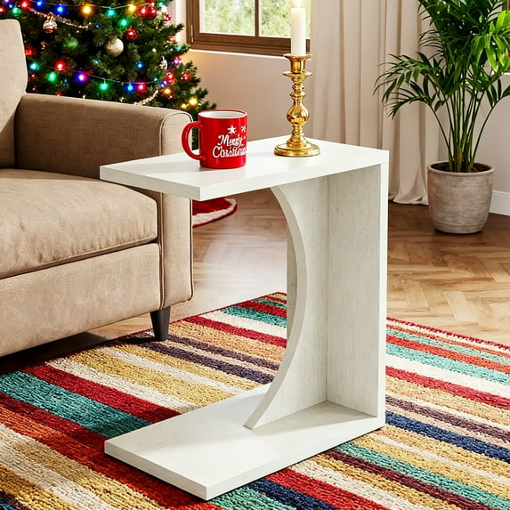 Christmas C Shaped C Table For Sofa & Couch, Multipurpose Small Space Side Table Sturdy MDF End Table For Living Room, Bedroom, Beige
