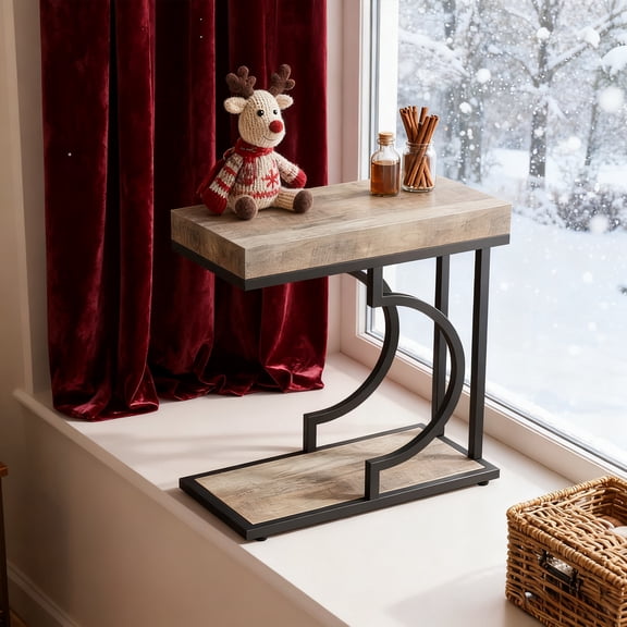 Christmas C Shaped Narrow Side Table, Metal Frame Sofa Table Multipurpose Small Space Chairside Table Sturdy Bedside Table For Living Room, Bedroom, Gray+Black