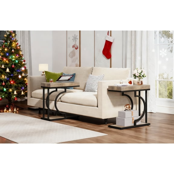 Christmas C Shaped Narrow Side Table Set Of 2, Metal Frame Sofa Table Multipurpose Small Space Chairside Table For Living Room, Bedroom, Gray+Black