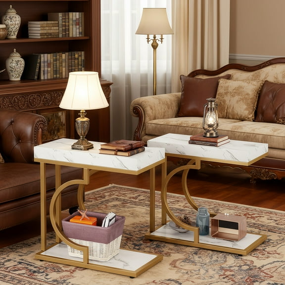 Christmas C Shaped Narrow Side Table Set Of 2, Metal Frame Sofa Table Multipurpose Small Space Chairside Table For Living Room, Bedroom, White+Gold