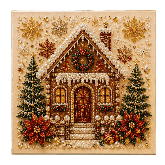 Christmas Cabin Diamond Painting Kit, Pearl Rhinestone Christmas Art with Sparkling Snowy Roof and Wreath, Xmas Home Wall Decor for Holiday Gift