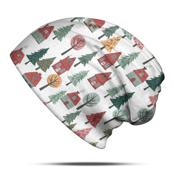 Christmas Cabin Mixed Pine Tree Pattern Slouchy Beanie Hat, Casual Daily Hat with Stretchy Fabric & Soft Texture, Lightweight Flexible Gifts for Birthday Christmas Thanksgiving