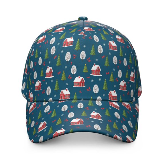 Christmas Cabin Pine Tree Pattern Baseball Cap, Casual Daily Hat with Snap Closure & Sweatband, Polyester Construction Gifts for Sports Outdoor Travel