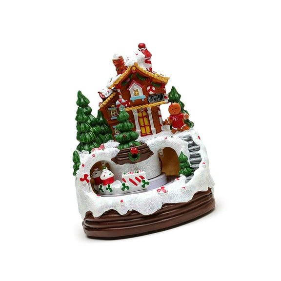 Christmas Cabin Resin Music Box with Rotating Train Lighted LED Musical Christmas Cabin Figurine Christmas Decoration