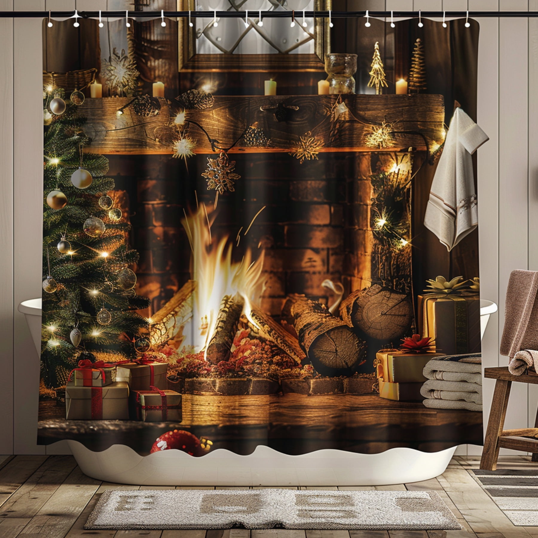 Christmas Cabin Shower Curtain Rustic Holiday Decor with Fireplace Tree