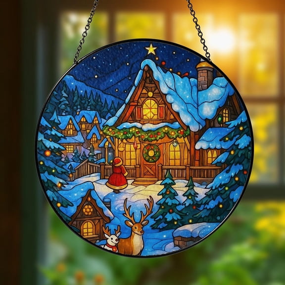 Christmas Cabin Stained Glass Suncatcher, Cozy Winter Reindeer Scene, Holiday Window Hanging, Snowy House Ornament Gift