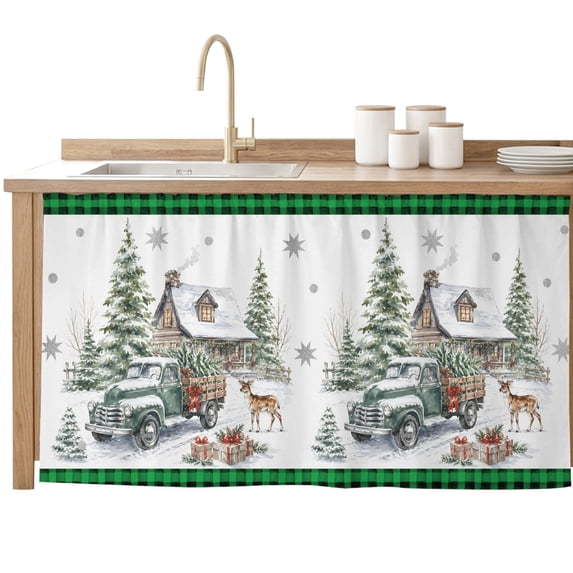 Christmas Cabinet Curtains 28"x51" Sink Skirt for Bathroom Kitchen, Farmhouse Truck Trees Elk Gifts Winter Plaid Green Self Stick Adhesive Under Desk Covers Tall Laundry Cabinet Storage Organizer