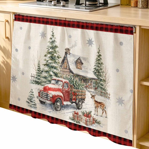 Christmas Cabinet Dishwasher Hidden Curtains, Privacy Closet Door Curtain, Winter Rustic House Truck Trees Elk Gifts Plaid Red Adhesive Dust Proof Under Sink Skirt for Bathroom Kitchen 35"x35"