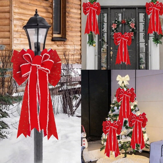Christmas Cabinet Door Bows And Ribbons,Large Red Christmas Door Cabinet Bows, Christmas Holiday Decorative BowRibbon Set Non-Electric Door and Cabinet Decor