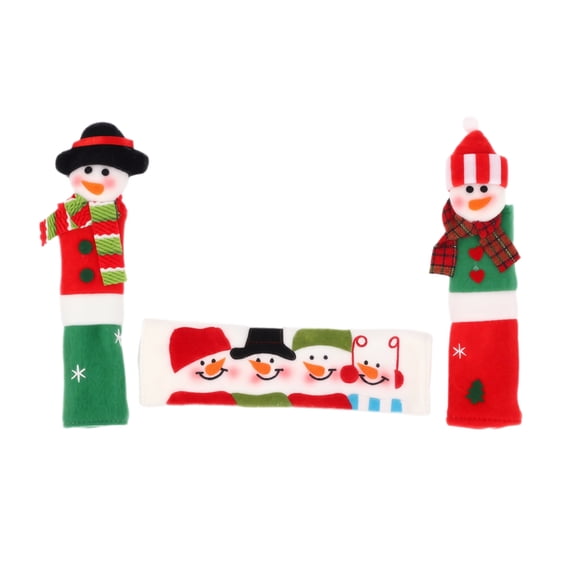 Christmas Cabinet Handle Covers with Snowman Design, 3-Piece Set, Red and Green Plush, for Kitchen Fridge and Microwave, Decorations