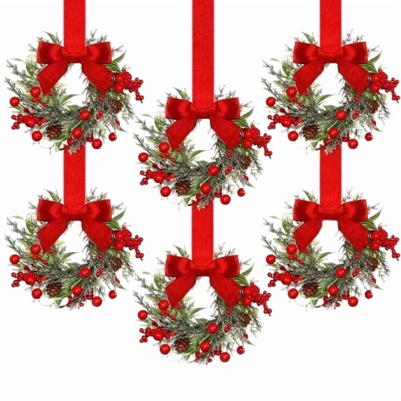 Christmas Cabinet Wreath, 6 Pack 3D Red Berry Wreath with Red Bow, 5.1 Inch Small Wreath with 9.8 Inch Red Hanging Ribbon, for Christmas Holiday Cabinet Door Window Decoration