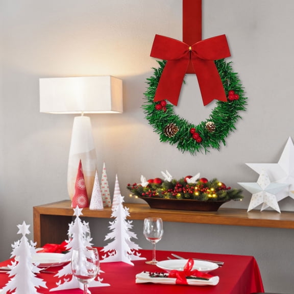 Christmas Cabinet Wreath with Ribbon Bows Pinecones & Red Berries, Mini Holiday Kitchen Decor for Cabinet Doors & Party