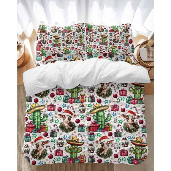Christmas Cactus Bedding Duvet Cover Set Full Size 4 Pieces Cowboy Hat Cow Star Crystal Ball Bedding Set with Zipper Closure, 1 Comforter Cover 86x86 Inches 1 Flat Sheet & 2 Pillow Cases