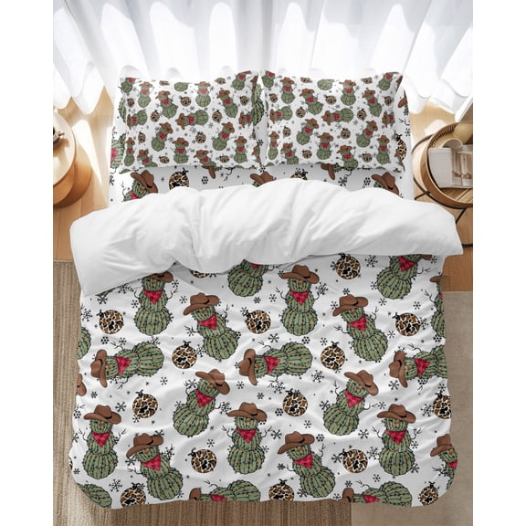 Christmas Cactus Bedding Duvet Cover Set California King Size 4 Pieces Western Cowboy Hat Cow Pattern Snowflake Bedding Set with Zipper, 1 Comforter Cover 96x104 Inches 1 Flat Sheet & 2 Pillow Cases