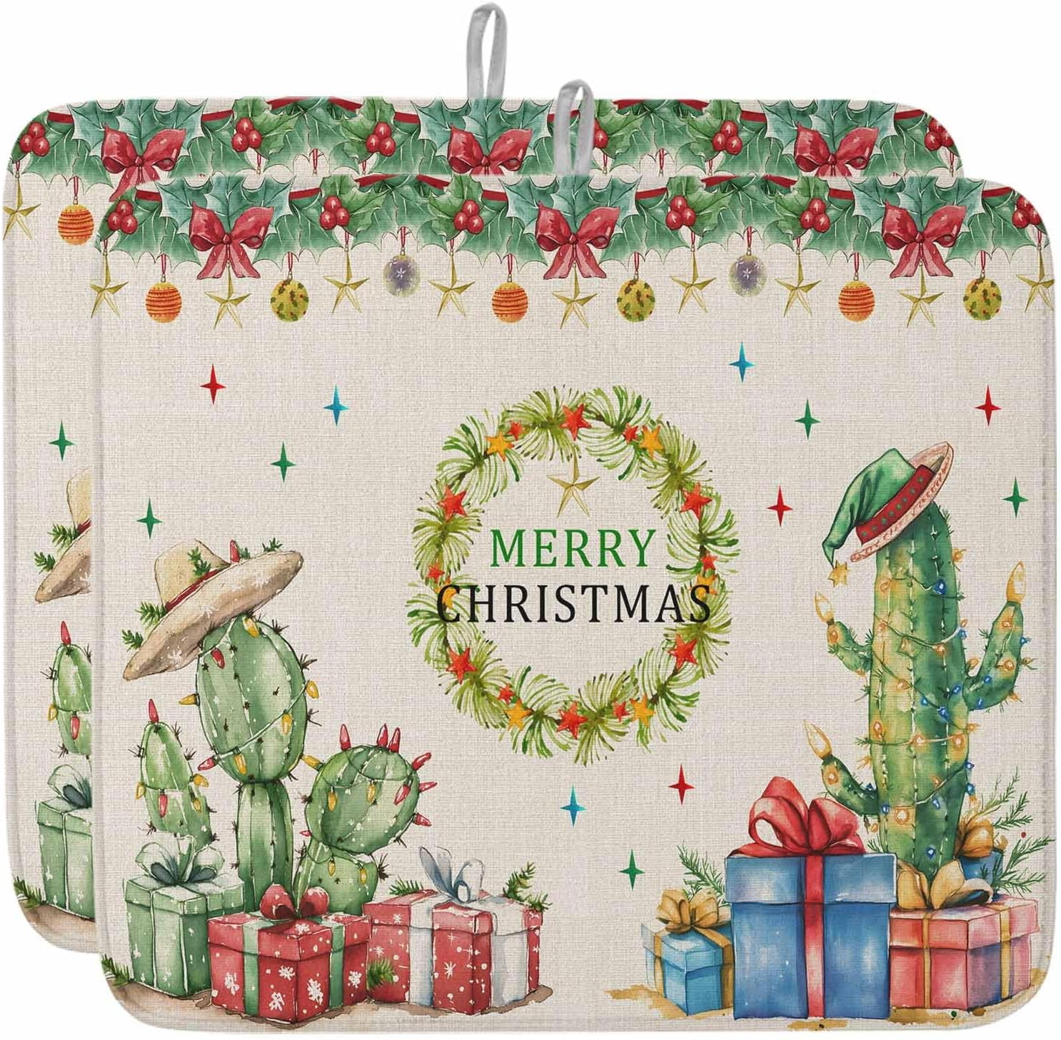 Christmas Cactus Dish Drying Mat for Kitchen Counter, Xmas Botanical Berry Baby Bottle Microfiber Drying Pad, Absorbent Coffee Cup Dishes Drainer Mats 18"x24", 1 Pcs