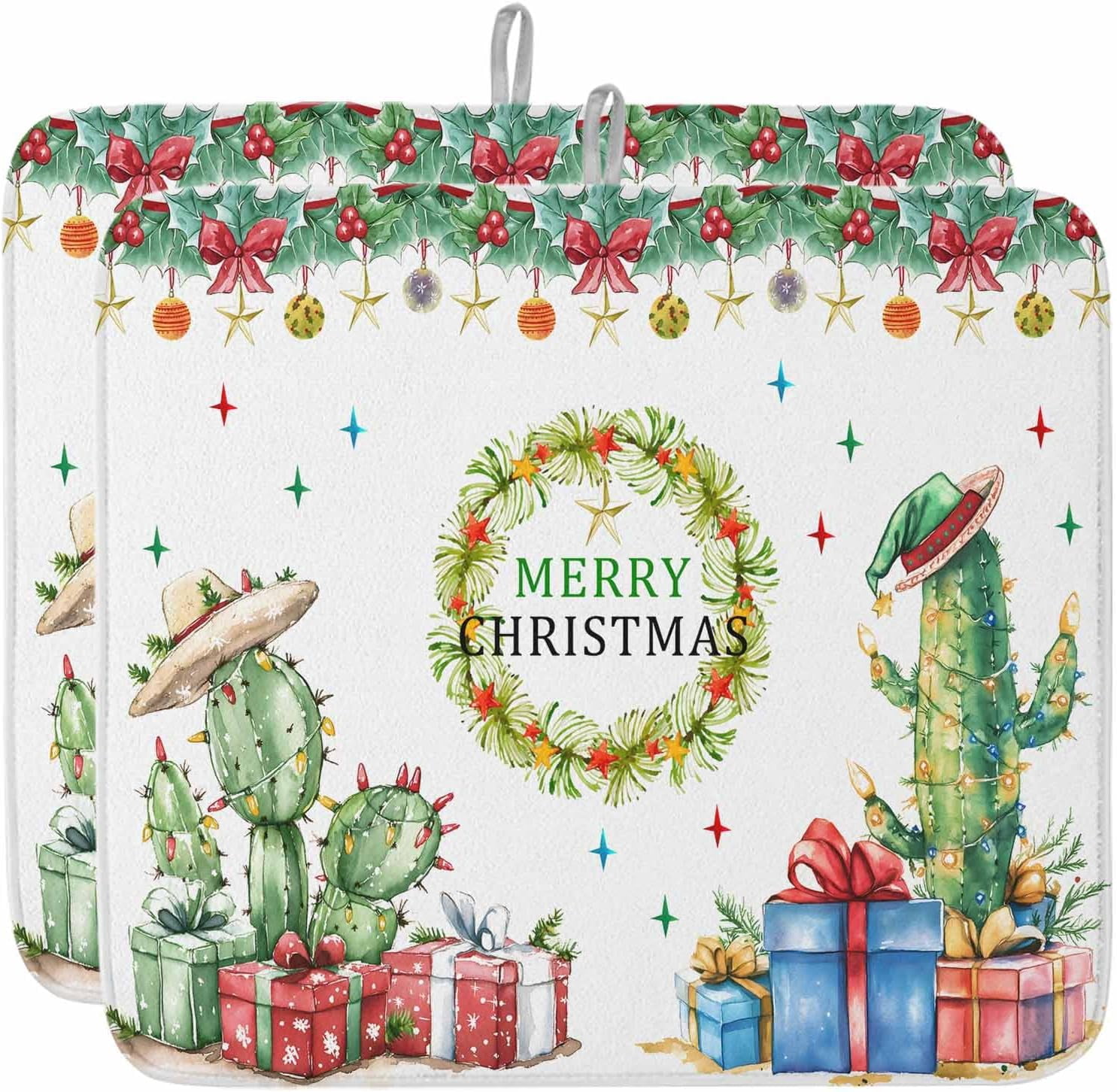 Christmas Cactus Dish Drying Mat for Kitchen Counter, Xmas Botanical Berry Baby Bottle Microfiber Drying Pad, Absorbent Coffee Cup Dishes Drainer Mats 18"x24", 1 Pcs