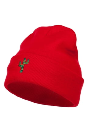 Christmas Cactus Embroidered Long Beanie - Red OSFM