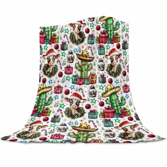 Christmas Cactus Flannel Blanket for Bed,Travel and Camping, Cowboy Hat Cow Star Super Soft Cozy Blanket for All Seasons 30"x40"