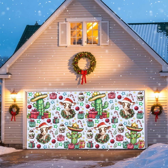Christmas Cactus Garage Door Banner Covers, Cowboy Hat Cow Star Large Hanging Indoor/Outdoor Backdrop Background for Christmas Winter Party Decor, 6.9x8 FT