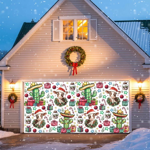 Christmas Cactus Garage Door Banner Covers, Cowboy Hat Cow Star Large Hanging Indoor/Outdoor Backdrop Background for Christmas Winter Party Decor, 6.9x8 FT