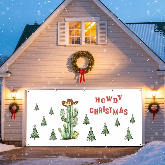 Christmas Cactus Garage Door Banner Covers, Howdy Christmas Tree Western Cowboy Hat Large Hanging Indoor/Outdoor Backdrop Background for Christmas Winter Party Decor, 6.9x8 FT