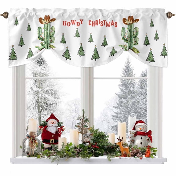 Christmas Cactus Tie Up Valances Curtain, Howdy Christmas Tree Western Cowboy Hat Adjustable Rod Pocket Short Window Treatment Tie Up Curtains Valances for Kitchen Living Room Bathroom 42x18 Inches