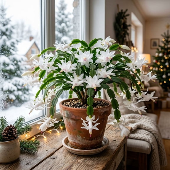 Christmas Cactus White Live Plant, 3 Inch Potted Schlumbergera, 2 Plants per Pot, Indoor Flowering Cactus Houseplant for Holiday Decor and Plant Gifts