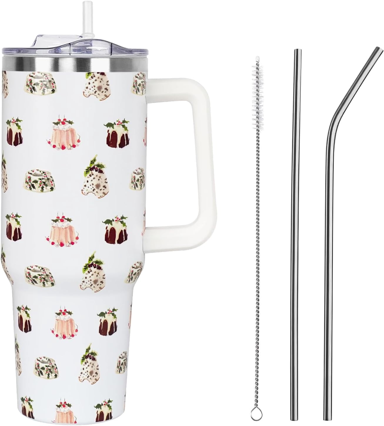 Christmas Cakes Tumbler with Handle and Straw Lid 40 oz,Cute Merry Xmas Mistle Parasite Gifts for Women Vacuum Insulated Leak Proof Tumbler,Winter Holiday Accessories Stainless Steel Coffee Cup Mug