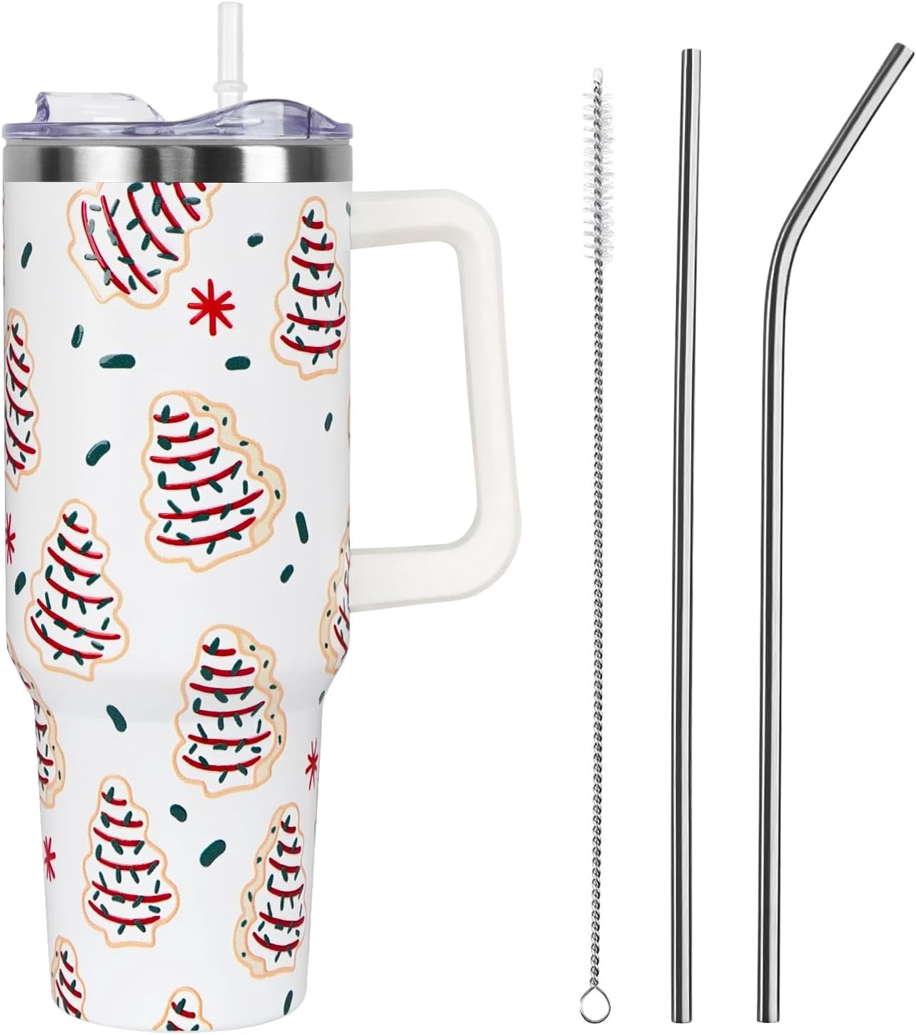 Christmas Cakes Tumbler with Handle and Straw Lid 40 oz,Cute Merry Xmas Tree Cake Gifts for Women Vacuum Insulated Leak Proof Tumbler,Winter Holiday Accessories Stainless Steel Coffee Cup Mug