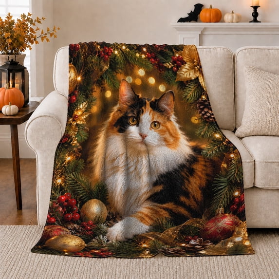 Christmas Calico Cat Pine Branches Red Ornaments, Festive Pet Portrait Pattern, Warm Flannel Blanket for Living Room and Bedroom, Cat Lovers Father's Day Gift, Pet Lover Home Decor