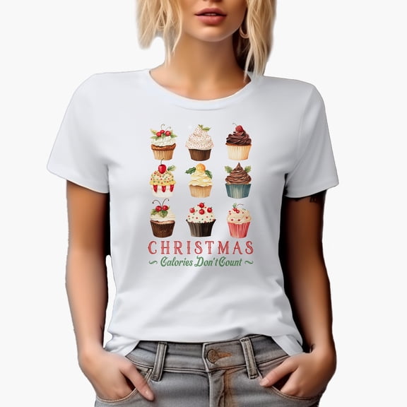Christmas Calories Don't Count with Cupcakes Art Merch Gift, White T-Shirt, Small
