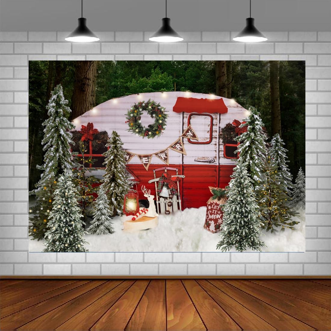Christmas Rv Winter Christmas Camper Photography Backdrop Winter Snowy Pine Trees Mini Bus ...