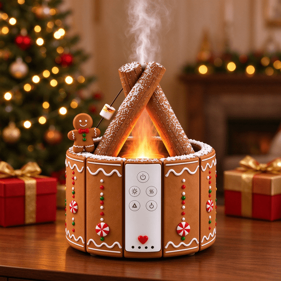 Christmas Campfire Aroma Diffuser, Gingerbread Man Holiday Flame Effect Humidifier with Fine Mist, Warm LED Firelight and Remote Control, Christmas Fireplace Decoration for Xmas Gifts