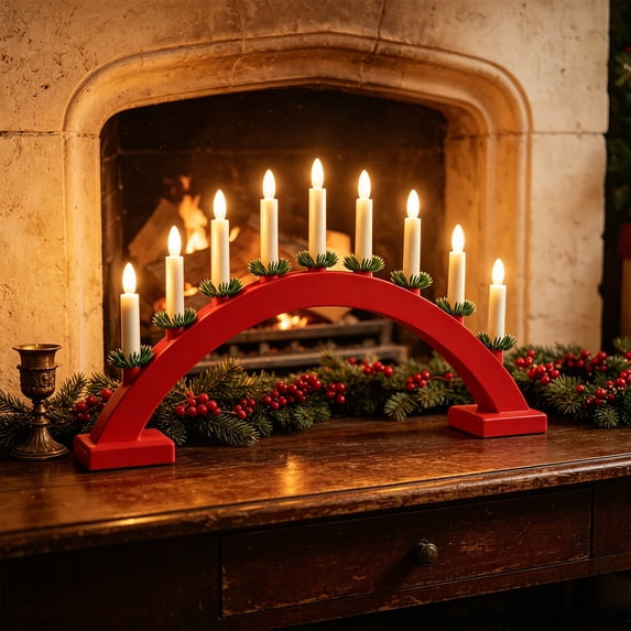 Christmas Candelabra, Wooden Candle Bridge Light, Red | 9 Taper Flameless Candles with USB Powered, Christmas Window Candle Light with Pine Needles for Xmas Decoration Wedding